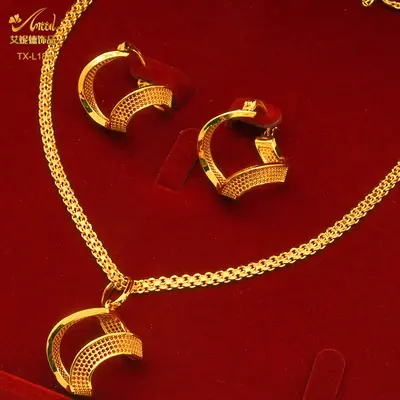 24K altın kaplı bakır takı seti kolye küpe geometrik - 4