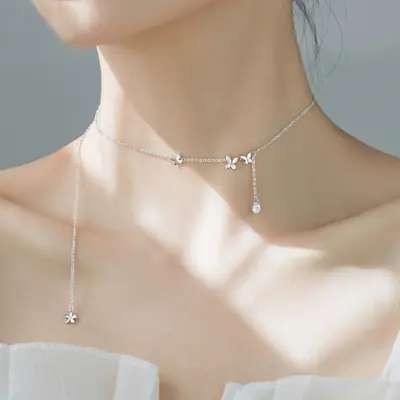 Kadınlar için 925 ayar gümüş kolye moda köprücük kemiği zinciri basit zarif internet ünlü kelebek gerdanlık niş tasarım ins minimalist tarz