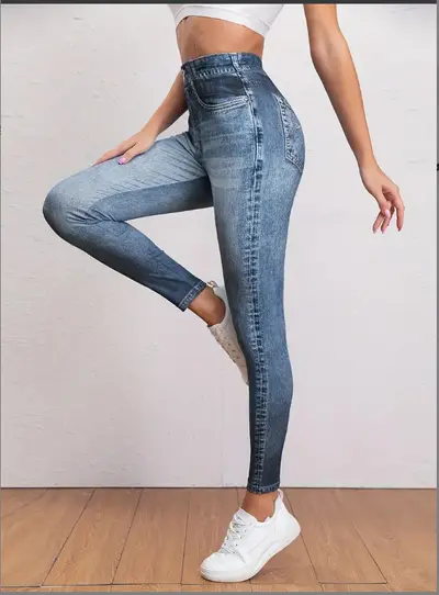 Damen-Yogahose mit hohem Bund, Po-Lifting, Jeans-Optik - 7