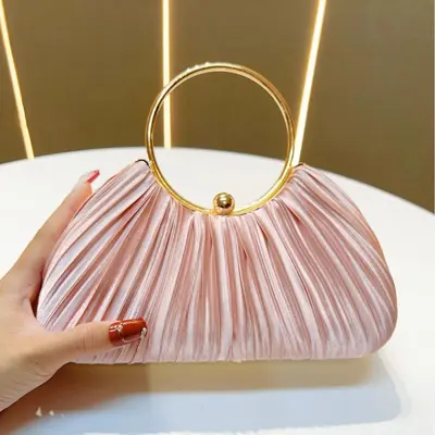 Women's Pleated Evening Bag, Ring Handle Party Clutch - 11