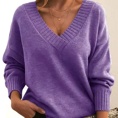 Damen-Strickpullover mit V-Ausschnitt, locker geschnitten - 10