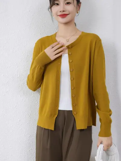 Leichte Strickjacke mit Rundhals, Mischgewebe, Damen-Herbst-Winter-Pullover