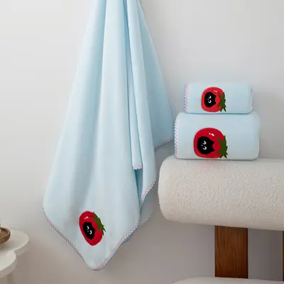 Apple Kitten Cartoon Embroidered Bath Towel Set, Coral Fleece, Quick-Dry - 4