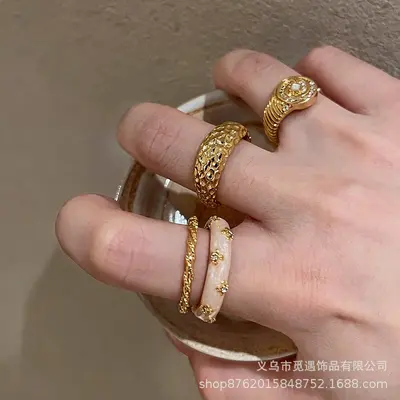 Gold egg-shaped gemstone stackable ring for women - 2