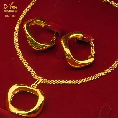 24K altın kaplı bakır takı seti kolye küpe geometrik - 13