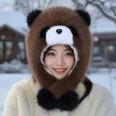 Kadın panda bere ve atkı 2'li set, kış, polar astarlı, rüzgar geçirmez - 5