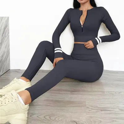 Kadın pilates yoga seti, fermuar, uzun kollu, tayt, profesyonel fitness - 7
