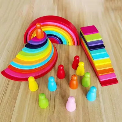 Wooden Box Geometric Rainbow Building Blocks Early Education Toy - 8