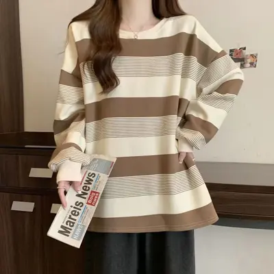 American retro oversized striped sweatshirt for women, spring and autumn thin loose boyfriend style comfortable long-sleeve shirt top.