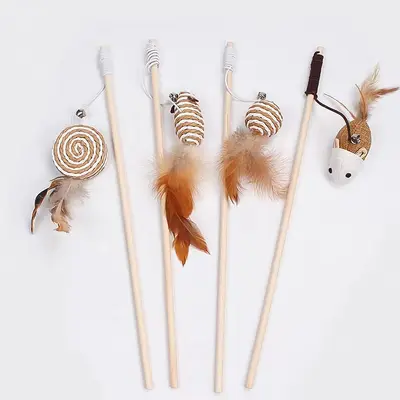 Feather Teaser Wand with Bell and Wooden Stick for Cats - 4