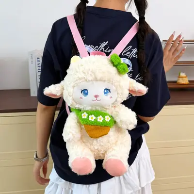 Peluş Kuzu Sırt Çantası, Sevimli Kore Tarzı, Çift Askılı