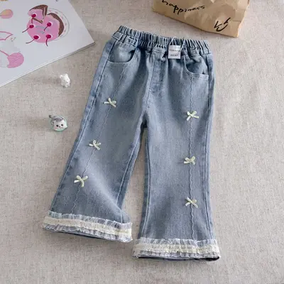 Girls' Denim Flared Jeans with Ruffle Trim, Spring Autumn 2026 - 1