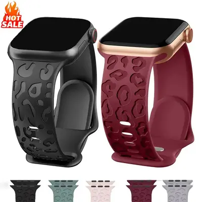 Apple Watch S11 ile uyumlu silikon kordon, leopar desenli