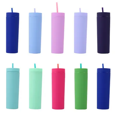 Cross-border new double-layer plastic straight cup with frosted feeling 473 ml straw cup AS rubber painted plastic