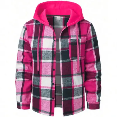 Cross-Border Trendy Amazon Spring Autumn Men's Warm Hooded Plaid Shirt European Size Casual Loose American-Style Jacket