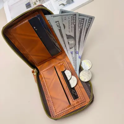 Men's Wallet with US Dollar Print, Retro Coin Compartment, Ultra-Light Short Zip - 4