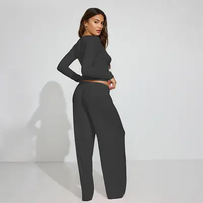 Women's Long Sleeve Snap Button Top and Drawstring Pants Set, Solid Color - 5
