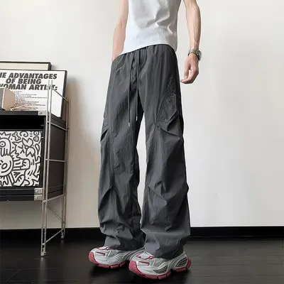 Men's Pleated Parachute Trousers, Wide Leg, Summer