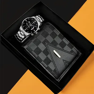 Men's calendar watch with steel band, sports design