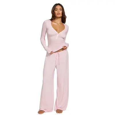 Women's Long Sleeve Snap Button Top and Drawstring Pants Set, Solid Color - 6