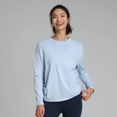 Kadın bahar yaz yoga üstü, yan büzgülü pamuklu uzun kollu T-shirt - 7