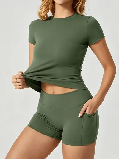 Women's Yoga Set, Short Sleeve with Leggings, Spring Summer Fitness - 5