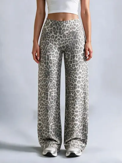 Women's Leopard Print Wide-Leg Sports Pants, Brushed Fabric - 9
