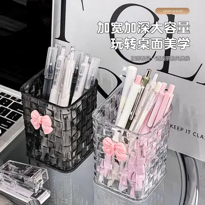 Pen holder desk organizer, square transparent plastic storage box