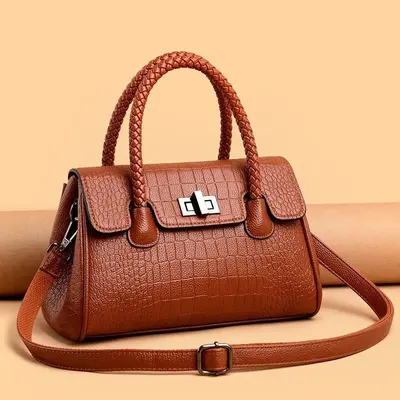 Women's Embossed Leather Shoulder Bag, Woven Cord Detail, Crossbody Strap - 13