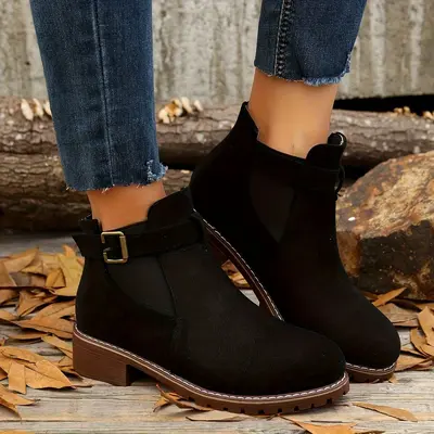 Women's Suede Martin Boots, Chunky Heel, Buckle Strap, Plus Size - 7