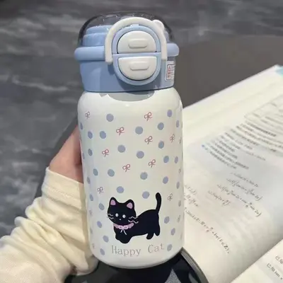 Kedi Desenli 316 Paslanmaz Çelik Termos Bardak Çocuk Pipetli Çift İçecekli Su Şişesi - 8