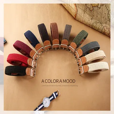 New Yellow Square Buckle No-Punch Canvas Belt for Women Men Unisex Casual Elastic Stretch Pin Buckle Leather Belt Wholesale