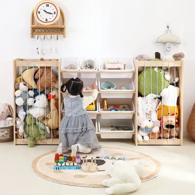 Montessori Solid Wood Children's Toy Storage Rack with Integrated Plush Toy Organizer - 4