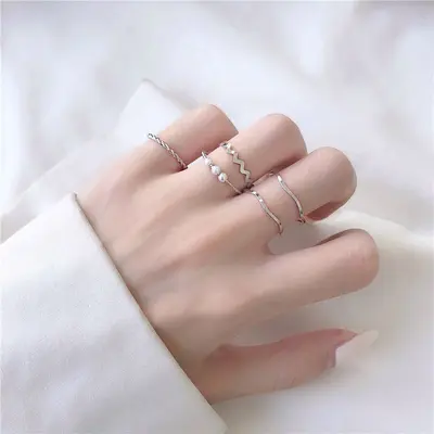 Women's Ring Set, Pearl Wave Design, Five Pieces - 7