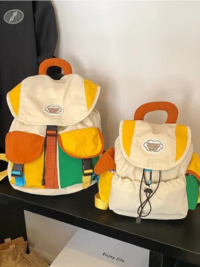 Korean-Style Women's Backpack, Drawstring, Lightweight, Colour-Block