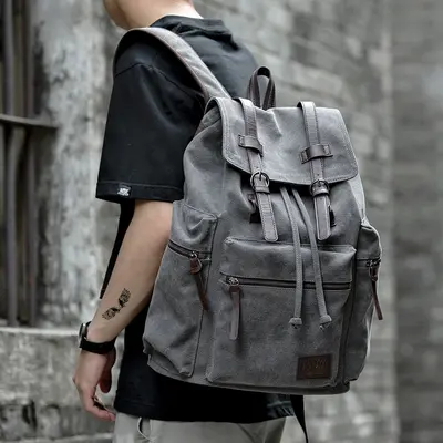 Men's Canvas Backpack, Simple Large Capacity, Laptop Compartment Travel Bag - 3