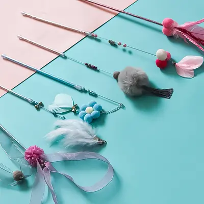 Feather Wire Cat Teaser Wand with Fur Ball and Bell, Long Pole - 4