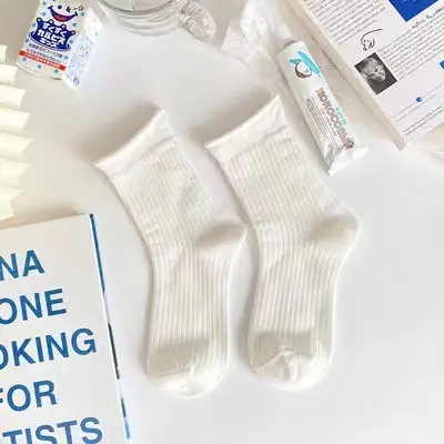 white socks women's socks solid color cotton socks pure white full colored cotton women's socks wholesale mid-calf socks bubble mouth Lolita - 9
