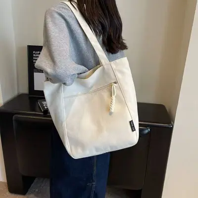 Solid Color Retro Large-Capacity Tote Bag, Women's Shoulder Bag - 3