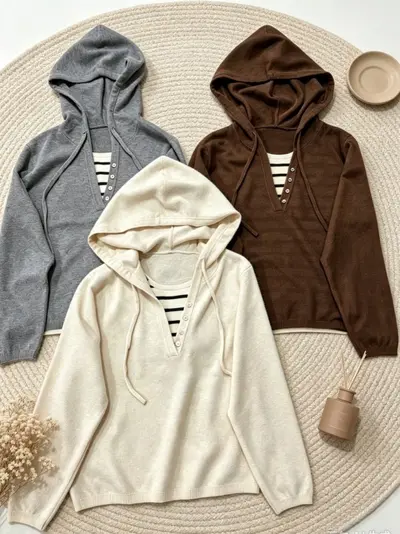 Damen-Strickpullover mit Kapuze, falscher Zweiteiler, gestreift, V-Ausschnitt