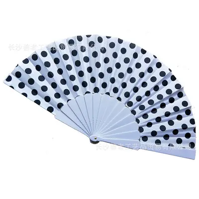 Single-Sided Fabric Polka Dot Folding Dance Fan with Plastic Ribs, White - 3