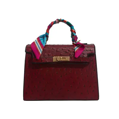 Small Women's Shoulder Bag with Ostrich Pattern, Silk Scarf Detail, Crossbody Strap - 12