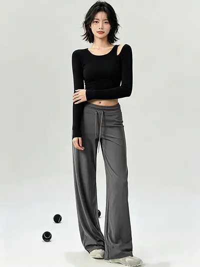 Loose yoga long pants women wide leg pilates fitness long sleeve - 3
