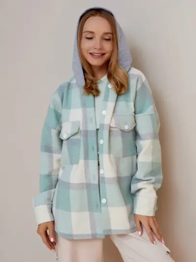 Women's Hooded Plaid Cardigan Jacket, Long Sleeve
