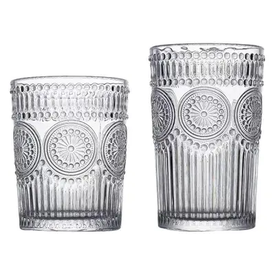 Glasbecher mit Sonnenblumenmuster und Relief