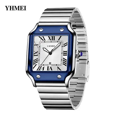 YHMEI Square Quartz Watch Men's Watch Stainless Steel Band Calendar Waterproof Daily Wristwatch - 9