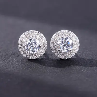S925 Silver 1-3 Carat Round Moissanite Stud Earrings, 18K Gold Plated