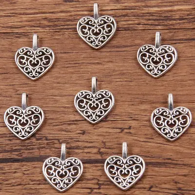 Antique Silver Heart Pendant Charms, Geometric Letters, Angel Wings and Flowers - 8