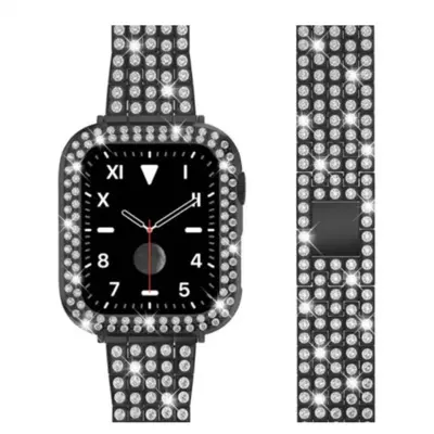 Apple Watch 12345678 uyumlu metal kordon, tam taşlı, beş boncuklu