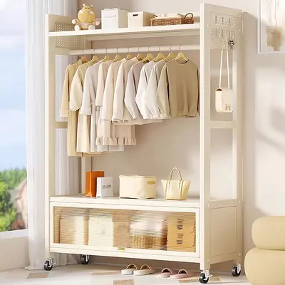 Freestanding Coat Rack with Wheels, Movable Bedroom Clothes Rack